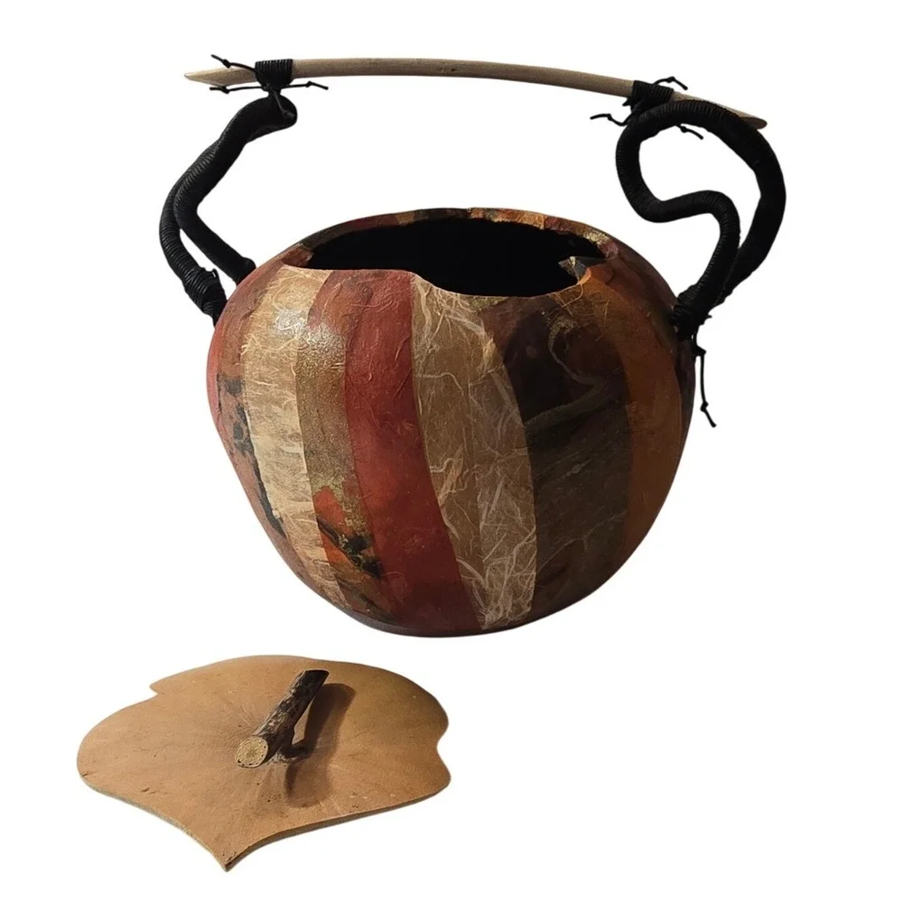 Artisan Handmade Gourd Decorative Vessel with Leaf Lid and Coiled Handle signed